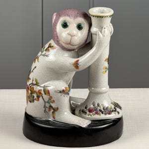 Vintage Hand-Painted Monkey Candlesticks Pair, Crackle Glaze Chinoiserie Decor