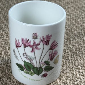 May include: White ceramic cylinder-shaped mug featuring a botanical illustration of pink cyclamen flowers, green leaves, and butterflies. The text "CYCLAMEN REPANDUM" is printed on the mug. The mug is set against a neutral background.