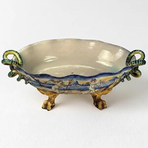 Antique Cantagalli Style Italian Majolica Bowl with Cherub Scene and Serpent Handles