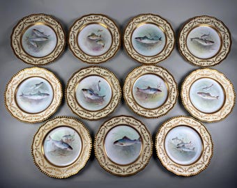 Set of 11 Antique Royal Doulton Fish Plates Hand-Painted Artist Signed C. Hart 1902