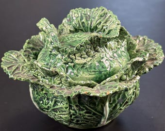 Vintage Portuguese Cabbage Bowl with Lid, Majolica Style Green Leaf Tureen