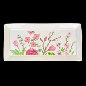 Rectangular Serving Tray: Cherry Blossom Floral - Stoneware, Spring Decor
