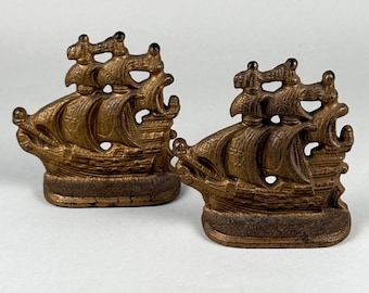 Vintage Cast Iron Galleon Ship Bookends — Bronze Finish, Pair, Circa 1940s–1960s