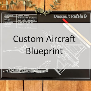 Pode incluir: Um projeto de avião personalizado em um fundo preto, com desenhos de linha branca detalhados de um Dassault Rafale B. O texto "Custom Aircraft Blueprint" é exibido de forma proeminente. Inclui especificações e medidas.