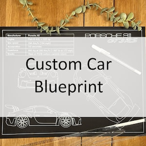 Puede incluir: Un plano de coche personalizado con un Porsche 911 GT3RS, con especificaciones técnicas y contornos del coche. El texto "Custom Car Blueprint" se muestra sobre un fondo gris.