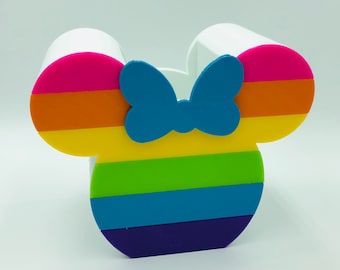 Bright Rainbow Minnie Mouse w/Bow Summer Fun Neon 3D Printed Disney Pen, Pencil Holder for desk, work, office, college dorm or Makeup Brush