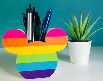 Bright Rainbow Mickey Mouse Summer Fun Neon 3D Printed Disney Pen, Pencil Holder for desk, work, office, college dorm or Makeup Brush Holder