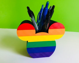Rainbow Mickey Mouse LGBTQ Gay Pride 3D Printed Disney Pen, Pencil Holder for desk, work, office, dorm or Makeup Brush Holder for vanity