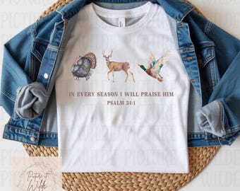 Caza cristiana PNG, diseño de camiseta religiosa de temporada de caza, gráfico bíblico de ciervo con pavo y pato, descarga digital de trío de versículos bíblicos