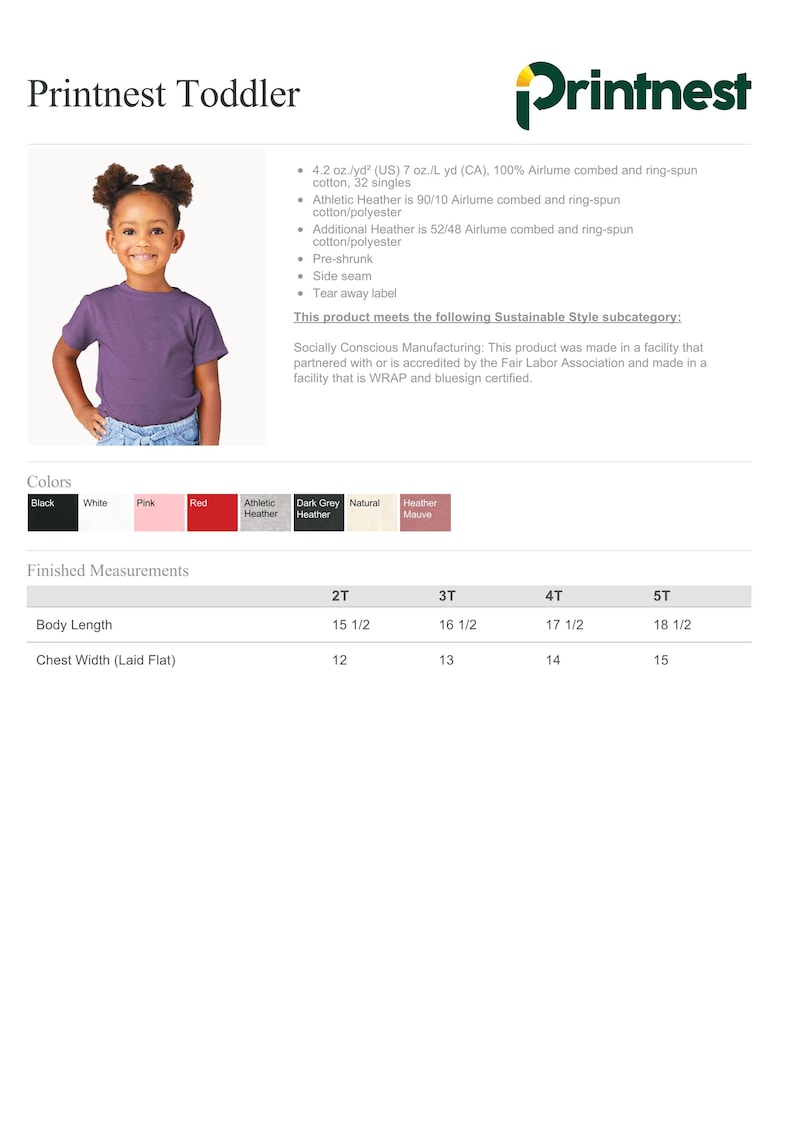 Op de afbeelding: Een paars peuter T-shirt, gedragen door een jong meisje. Het T-shirt is verkrijgbaar in verschillende kleuren, waaronder zwart, wit, roze en rood. Afmetingen zijn beschikbaar voor maten 2T tot 5T, met lichaamslengtes van 39,37 tot 47 cm.