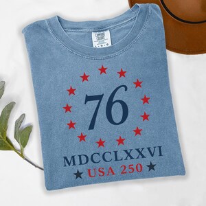 Op de afbeelding: Een blauw t-shirt met het nummer 76 in marineblauw, omringd door rode sterren. Daaronder staan de woorden "MDCCLXXVI" en "USA 250" in marineblauw en rood. Het shirt is gemaakt van een zacht materiaal.