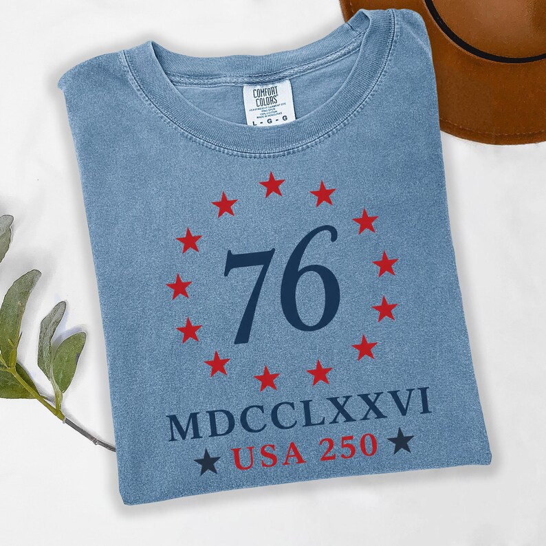 Op de afbeelding: Een blauw t-shirt met het nummer 76 in marineblauw, omringd door rode sterren. Daaronder staan de woorden "MDCCLXXVI" en "USA 250" in marineblauw en rood. Het shirt is gemaakt van een zacht materiaal.