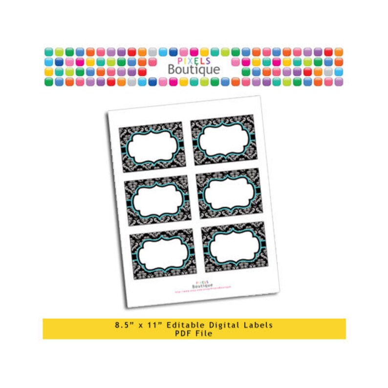 PDF Editable Black /& Teal Damask Assorted Tags Stickers Labels Favor Tags Printable Buffet or Food Cards No. 186 3.5 X 2.5 Labels