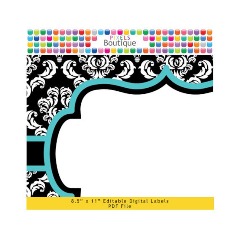 PDF Editable Black /& Teal Damask Assorted Tags Stickers Labels Favor Tags Printable Buffet or Food Cards No. 186 3.5 X 2.5 Labels