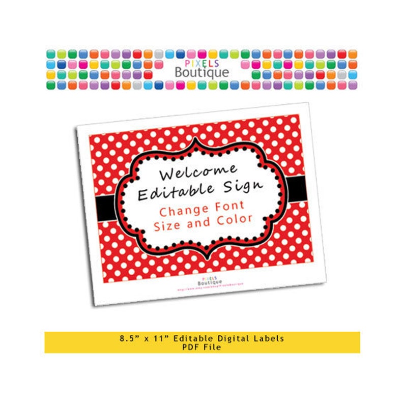 PDF Editable Red Polka Dot Mickey Welcome or Game Sign Buffet Food Cards 10 X 7.5 Labels No. 213 Favor Printable Wedding Party Mouse