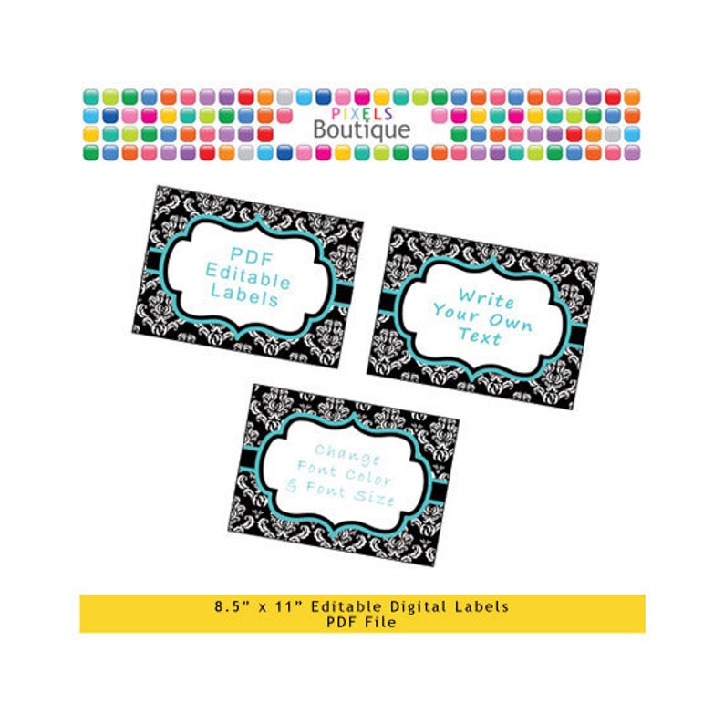 PDF Editable Black /& Teal Damask Assorted Tags Stickers Labels Favor Tags Printable Buffet or Food Cards No. 186 3.5 X 2.5 Labels