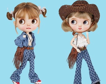 SugarA Late Summer Chic Babes Diamond Pattern Vintage Chic Flared Jeans para muñecas Blythe - vestidos de ropa de traje de muñeca