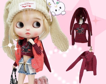 SugarA White Knit Bunny Hat & Black Red Stripes Bunny Sweat Top for Blythe dolls - outfits clothes dress