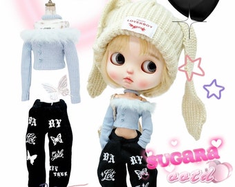 SugarA Black Sweat Pants & White Knit Bunny Hat for Blythe dolls - outfits clothes dress