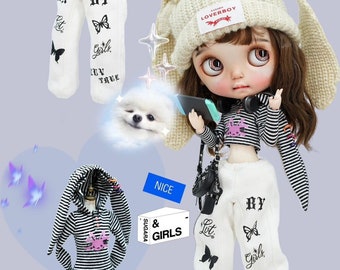 SugarA White Sweat Pants, White Knit Bunny Hat & Black White Stripes Bunny Sweat Top for Blythe dolls - outfits clothes dress