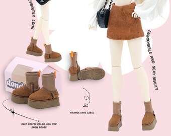 May include: A pair of brown high-top snow boots with orange accents and a deep coffee color. The boots are on a white background with the text "DEEP COFFEE COLOR HIGH TOP SNOW BOOTS" and "ORANGE SHOE LABEL".