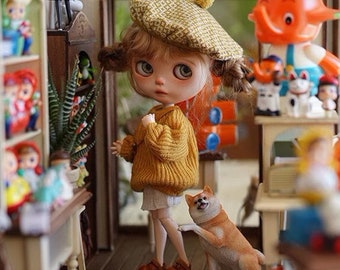 Miss yo 2023 Yellow Round Neckline Loose Knit Sweater for Blythe dolls  (doll clothes dress outfits )