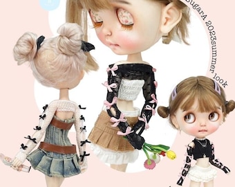 Colección SugarA 2023SS Mangas de encaje con lazo blanco y negro para muñecas Blythe - Blythe outfits ropa vestido - 2 colores en