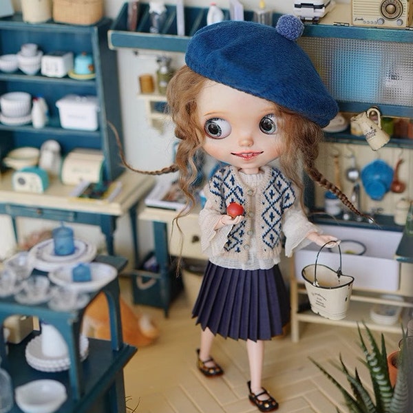 Miss yo 2023 Beige & Blue Checker 2-Way Wearing Knit Vest for Blythe dolls  (doll clothes dress outfits )