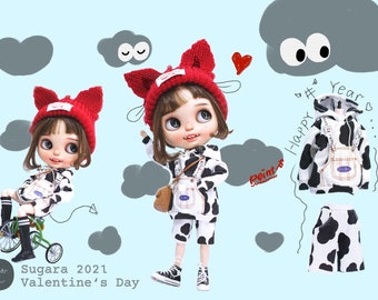 SugarA Baby Cow Pocket Hoodie Dress Set for Blythe dolls - - Blythe outfits clothes dress