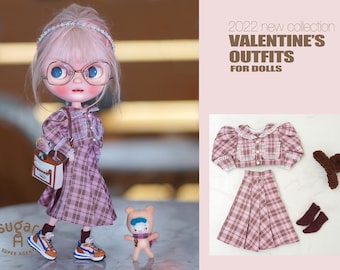 SugarA 2022 Valentine's Day Collection Pink Checker Dress Set for Blythe dolls - Blythe outfits clothes dress - Grey