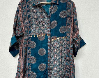 Ajrak Printed Crepe Silk Kaftan Shirt | Boho Style, Metal Details