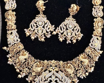 Antique gold finish white stone South Indian necklace/haram set with earrings