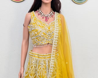 Indian Lehenga with heavy mirror work in Haldi/Yellow color
