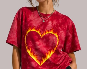 Maglietta Tie Dye - Maglietta Cuore di Fiamma di Cristallo - Maglietta Cuore Fiammeggiante - Maglietta Grafica Cuore di Fuoco Vintage