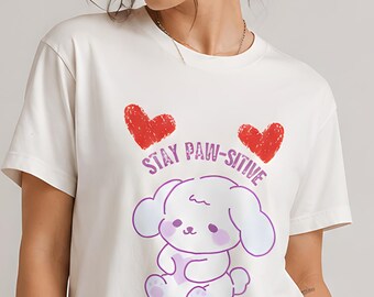 Maglietta Stay Positive - Maglietta Kawaii con cane - Maglietta per mamma di cane - Maglietta per amanti degli animali - Maglietta con coniglietto - Regalo per amanti dei conigli - Maglietta con cuori