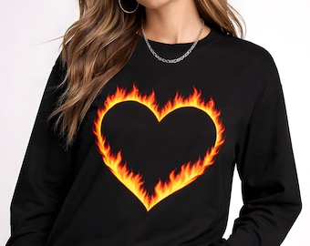 Maglietta a maniche lunghe con cuore fiammeggiante - Maglietta con cuore fiammeggiante - Maglietta vintage con grafica a cuore di fuoco - Maglietta con fiamma
