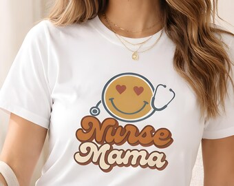 Maglietta Nurse Mama - Regalo per la festa della mamma per infermiera - Maglietta Nurse Mom - Maglietta con faccina sorridente - Maglietta da infermiera