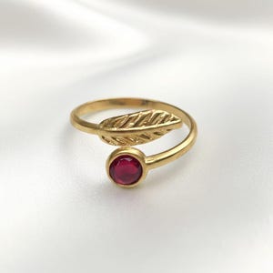 Gold Leaf red gem ring|Handmade Adjustable ring|Dainty jewellery gift