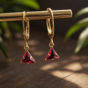 Ruby Red Triangle Drop Earrings | Gold Plated Huggie Hoops | Geometric Gem Dangle