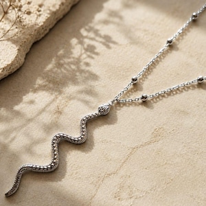 May include: A silver-toned necklace featuring a textured, serpentine pendant shaped like a winding snake. The chain is composed of delicate links interspersed with small, smooth spherical beads, creating a detailed and cohesive metallic jewellery piece.