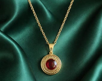 gold coin pendant necklace  with red centre - Minimalist jewellery
