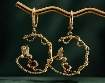 Gold Hummingbird Hoop Earrings | Bird Dangle Earrings | Nature Inspired Jewellery