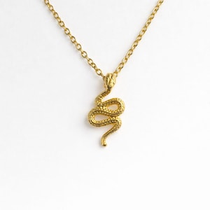 May include: Gold-coloured snake pendant necklace. The pendant is a detailed, coiled snake design. The necklace chain is a delicate link style. The jewellery is displayed against a white background.