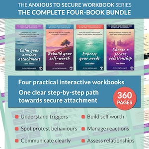May include: The Anxious to Secure Workbook Series complete four-book bundle features four interactive workbooks totaling 360 pages. The covers display titles including Calm your anxious attachment, Rebuild your self-worth, Express your needs, and Choose a secure relationship.