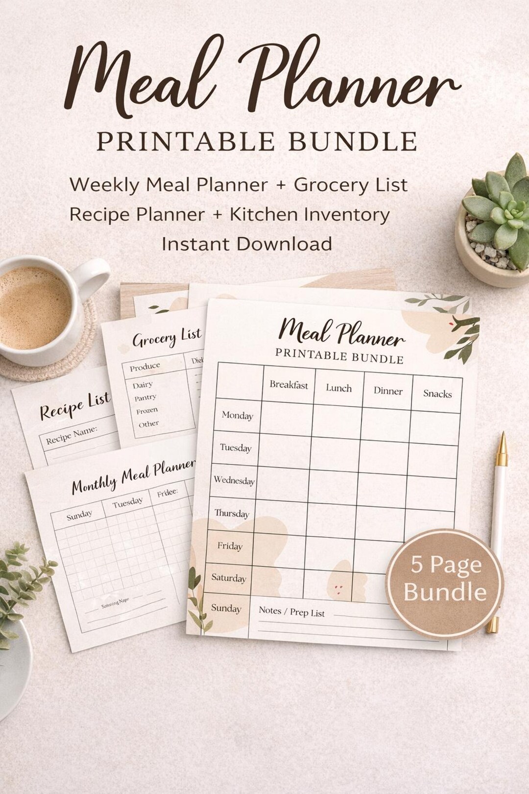 Weekly Meal Planner Printable | Grocery List | Recipe Planner | Kitchen ...