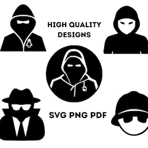 May include: Black and white graphic designs featuring hooded figures and a fedora-wearing character. The text "HIGH QUALITY DESIGNS" and "SVG PNG PDF" are also included. These designs are suitable for various creative projects.