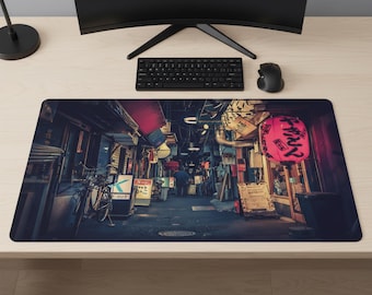 Japansk Neon Alley-skrivbordsmatta - XL förlängd musmatta, Cyberpunk-stadsbild