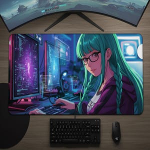 Cyberpunk Anime Desk Mat – Gamer Girl Tech Hacker Decor