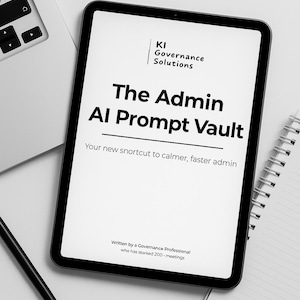 May include: A black tablet showing the text "The Admin AI Prompt Vault" and the tagline "Your new shortcut to calmer, faster admin." The tablet is next to a laptop, pen, and notepad, all on a white surface.
