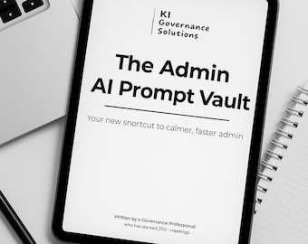 May include: A black tablet showing the text "The Admin AI Prompt Vault" and the tagline "Your new shortcut to calmer, faster admin." The tablet is next to a laptop, pen, and notepad, all on a white surface.